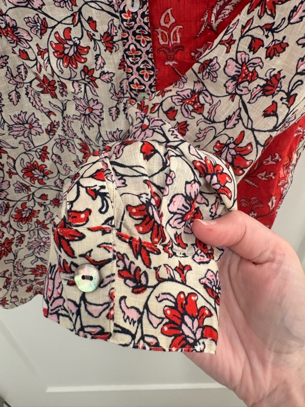 J. Jill Red White Floral Patchwork Boho Cotton Button Down Size Medium Petite - Picture 7 of 14